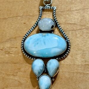 XL Outstanding Larimar w/Moonstone Pendant Necklace - 925 Plated/Stamped
